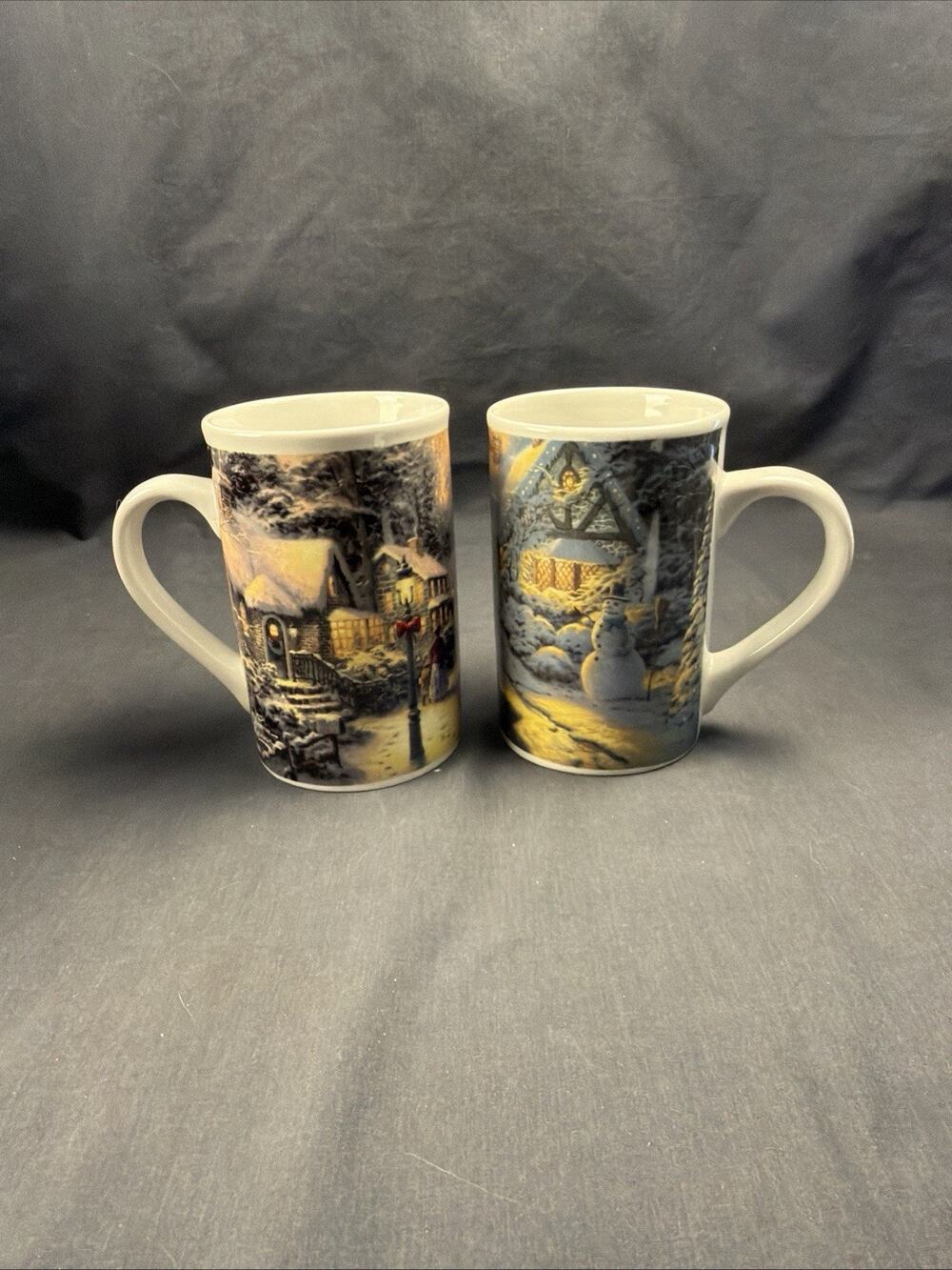 2 Vintage Thomas Kinkade Tall Mug Coffee Tea Village Christmas 1992 2005